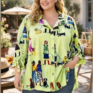 John Mark Women’s Novelty Dog Print Button Front Cinch Sleeve Blouse Top NWT 1X